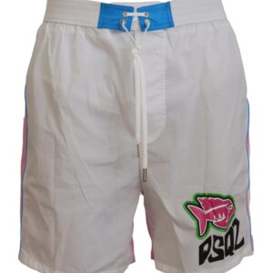 Dsquared2 White Pink Logo Print Men Beachwear Shorts Swimwear