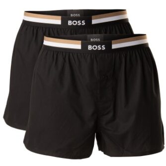 BOSS 2P Woven Boxer Shorts With Fly Sort/Hvid bomuld X-Large Herre