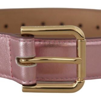 Dolce & Gabbana Metallic Pink Læder Logo Metal Spænde Bælte