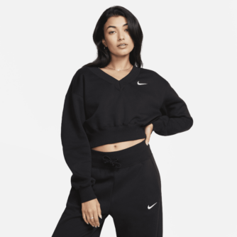 Kort Nike Sportswear Phoenix Fleece-top med V-hals til kvinder - sort