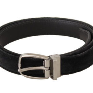 Dolce & Gabbana Black Velvet Silver Tone Logo Metal Buckle Belt