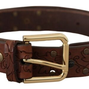 Dolce & Gabbana Brown Leather Floral Studded Metal Buckle Belt