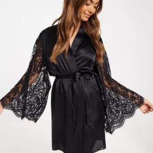 Hunkemöller - Morgenkåber - Black - Kimono Silk Lace Sleeve - Nattøj & Sæt - Bath robes