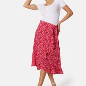 BUBBLEROOM Flounce Midi Wrap Skirt Red/Patterned XS