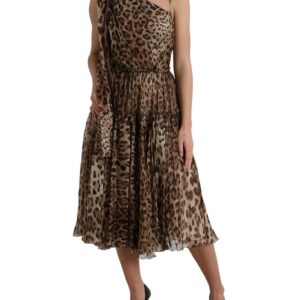 Dolce & Gabbana Brun Leopard Print Silk Ruffled Midi Kjole