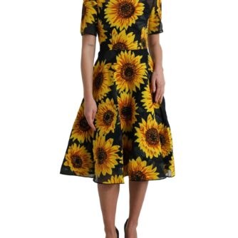 Dolce & Gabbana Sort Sunflower Print Nylon A-line Midi Kjole