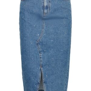 Pieces - Nederdel - Pcsky Hw Rhinestone Midi Skirt - Medium Blue Denim