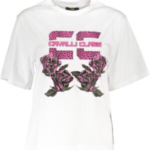 Cavalli Class Chic White Printed Cotton Tee with Designer Flair