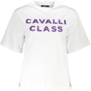 Cavalli Class Elegant White Cotton Tee with Designer Print