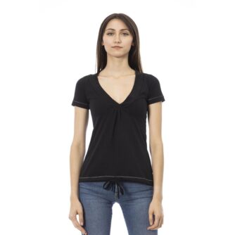 Chic Black Cotton Tee with Unique Front Print