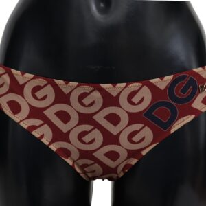 Chic Maroon Beige Logo Print Bikini Bottom