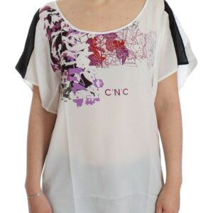 Chic White V-Neck Motive Print Tee