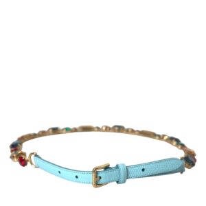 Dolce & Gabbana Light Blue Leather Crystal Chain Waist Belt