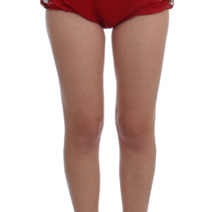 Dolce & Gabbana Red Silk Crystal-Embellished High Waist Shorts