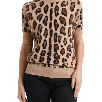 Elegant Beige Leopard Turtleneck Wool Top