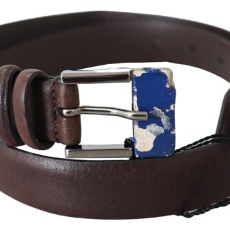 Elegant Brown Leather Classic Belt with Silver-Tone Buckle