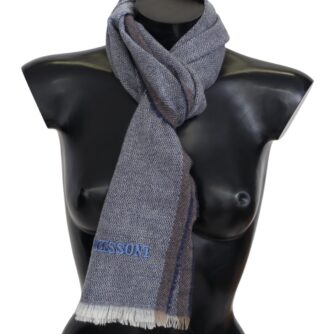 Elegant Gray Wool Scarf with Stripes and Fringes