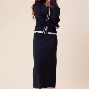 Happy Holly Contrast Knitted Midi Skirt Navy/Cream 32/34