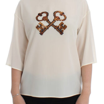 Ivory Sequined Silk Blouse Top