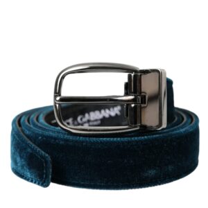 Dolce & Gabbana Blue Velvet Leather Silver Metal Buckle Belt