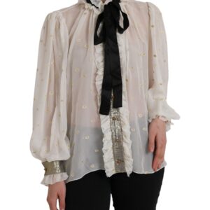 Dolce & Gabbana Off White Silk Blend Ascot Collar Blouse Top