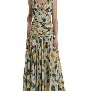 Dolce & Gabbana Yellow Floral Print Silk Pleated Maxi Dress