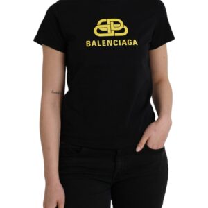 Balenciaga Black Cotton Logo Print Crew Neck Short Sleeves T-shirt