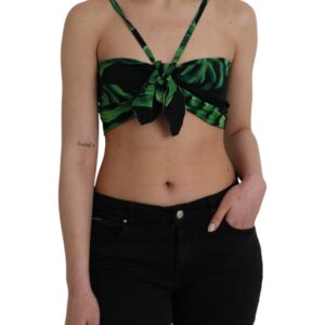 Dolce & Gabbana Black Green Leaf Silk Halter Cropped Top