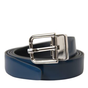 Dolce & Gabbana Blue Calf Leather Silver Metal Buckle Belt Herre