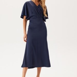 Bubbleroom Occasion Wrap Satin Midi Dress Navy 34