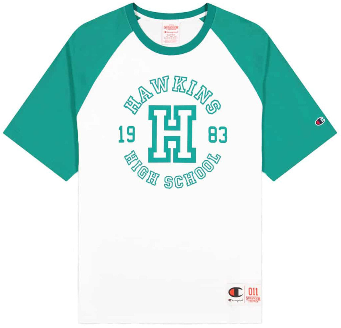 Champion X Stranger Things Hawkins Raglan Tshirt Unisex Xs Hvid Champion X Stranger Things Hawkins Raglan Tshirt Unisex Xs Hvid