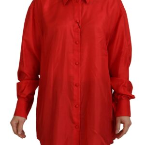 Dolce & Gabbana Rød Silke Collared Long Sleeves Kjole Shirt Top