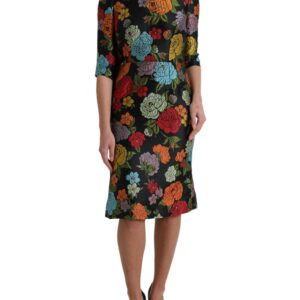 Dolce & Gabbana Sort Floral Embroidery Knee Length Kjole