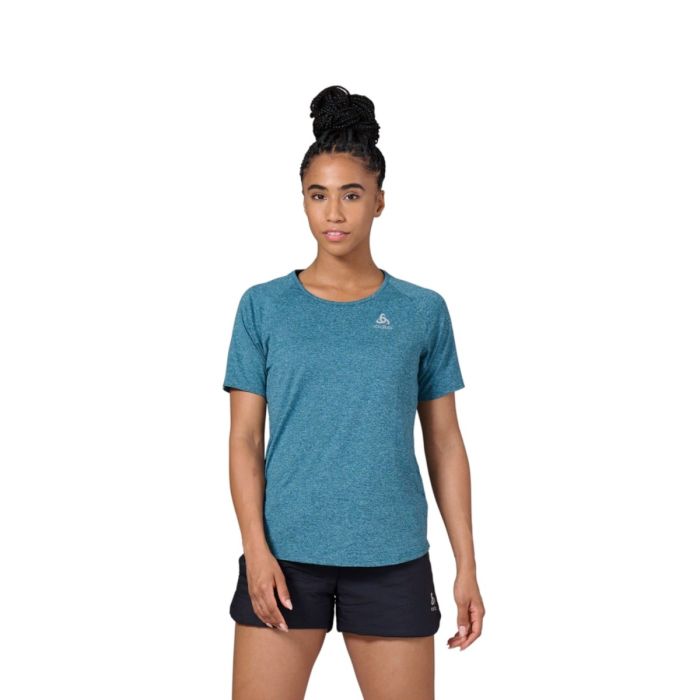 Odlo Run Easy T-shirt, XS, Dame - Kortærmet Crew Neck, Blå med Reflekser Odlo Run Easy T-shirt, XS, Dame - Kortærmet Crew Neck, Blå med Reflekser