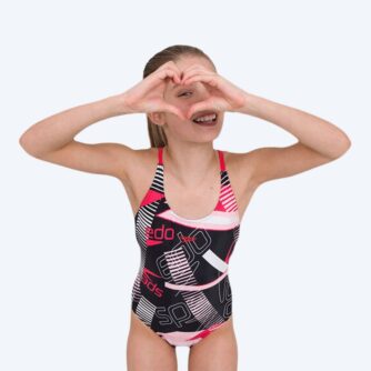 Speedo badedragt til piger - Junglespeak Allover Tieback - Sort/rød/lyserød