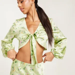 Vila - Gr⌀n - Vilouis L/S Tie Cropped Top