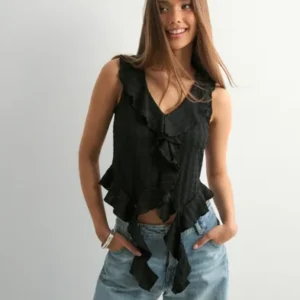 Vero Moda - Sort - Vmida Sl Frill Top Jrs Ga