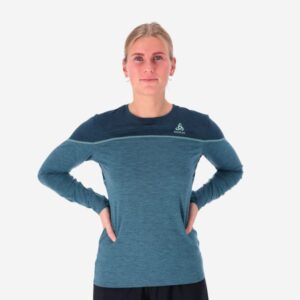 Odlo Top Crew Neck Langærmet Trøje XS Dame Blå til Aktiv Løb og Træning