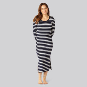 Bambus stribet langærmet kjole i navy/hvid til damer