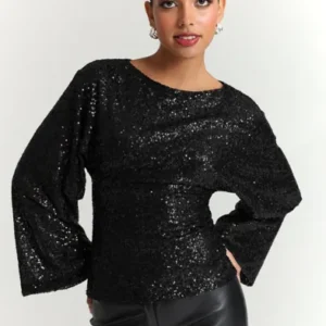 Nelly - Sort - Glitter Volume Sleeve Top