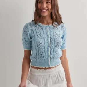 Nelly - Blå - Short Sleeve Pointelle Knit Top
