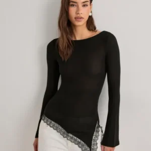 Nelly - Sort - Soft Asymmetric Lace LS Top