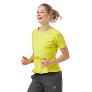 Odlo T-shirt Korte Ærmer Crew Neck Run Easy Str. XS Dame - Gul til komfortabel løbetræning