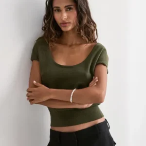 Nelly - Grøn - Deep Neck Knit Top