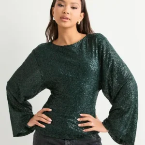 Nelly - Grøn - Glitter Volume Sleeve Top
