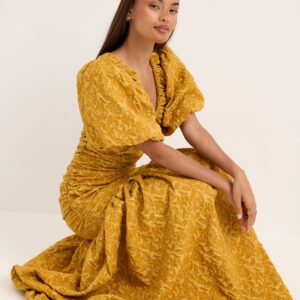 Puff Sleeve V-neck Jaqcuard Gown