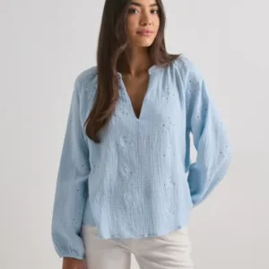 Vero Moda - Blå - Vmnatali Ls Emb Top Wvn Noos