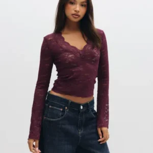 Only - Rød - Onlnikka L/S Lace Top Jrs Noos