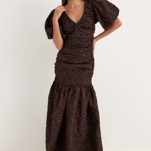 Puff Sleeve V-neck Jaqcuard Gown